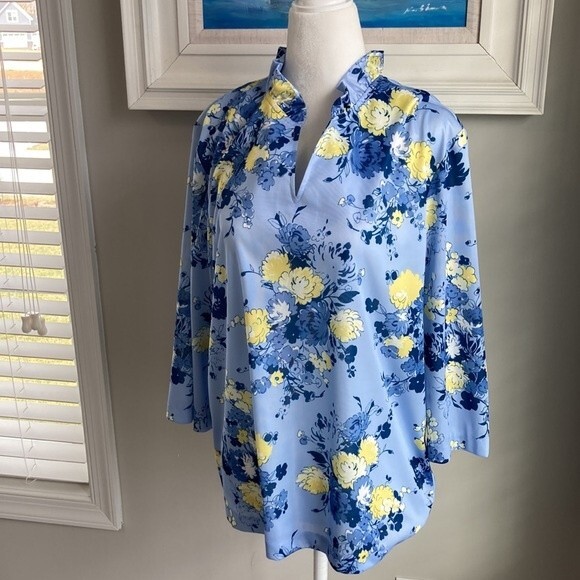 Vintage Bend Over Blue Yellow Floral Ruffle Vneck Blouse Large - Picture 2 of 11